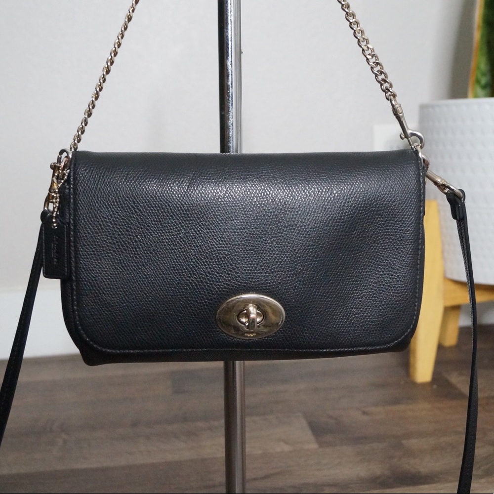 Coach Black Leather Chain Strap Convertible Shoulder Bag Crossbody - Picture 2 of 14